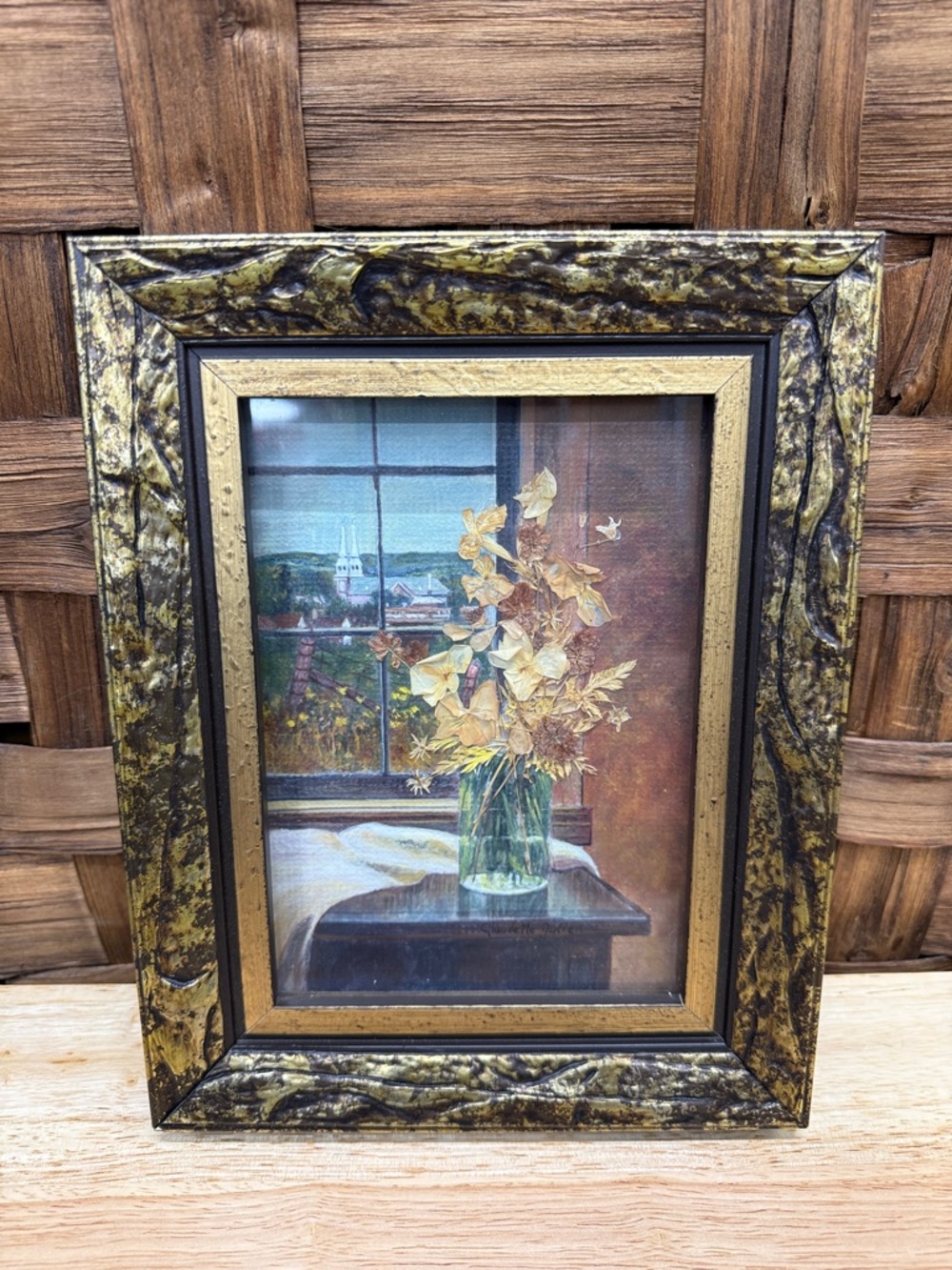 Framed Window Still Life Painting and real Flowers with Gold and Black Frame